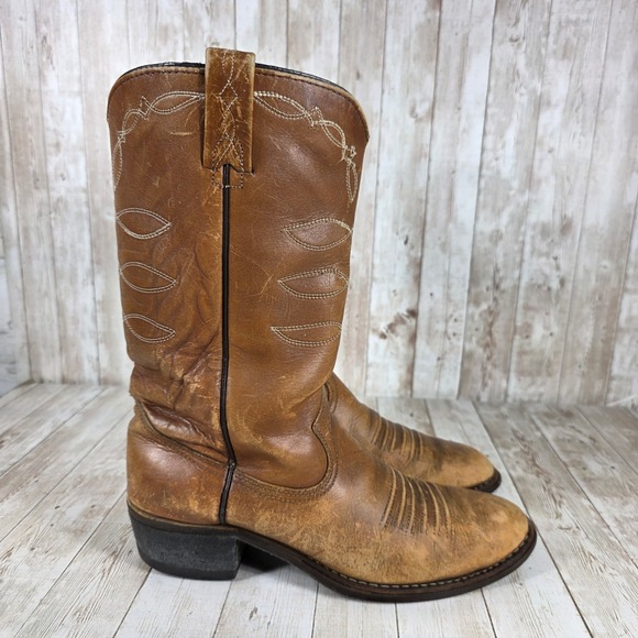 Texas Brand Western Cowboy Boots Leather Pull On Round Toe Brown Mens 9.5 D - Picture 1 of 8